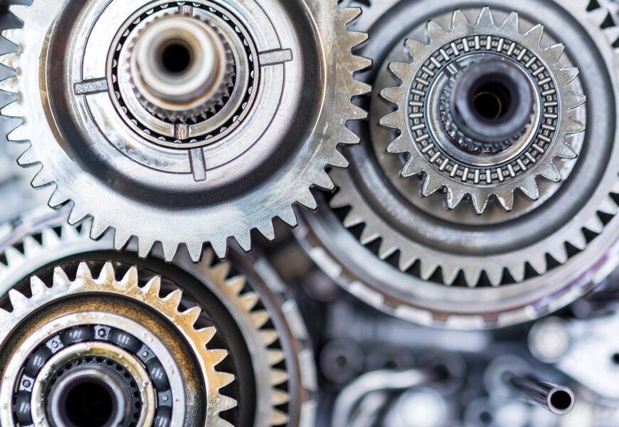 Planetary gearsets inside vehicle automatic transmission. Close up view in mechanic workshop during repairing