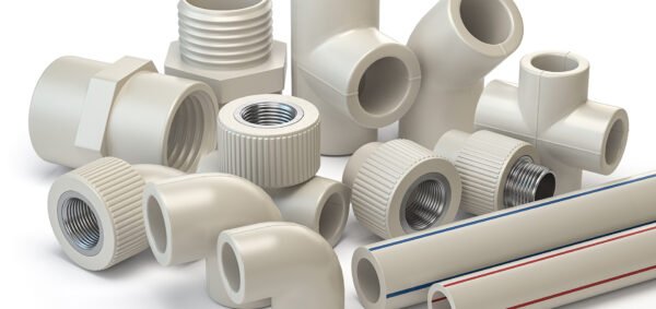 Set of PVC pipe fittings isolated on white. 3d illustration