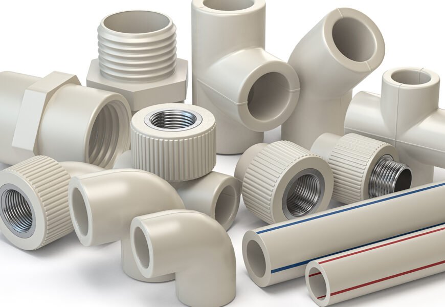 Set of PVC pipe fittings isolated on white. 3d illustration